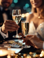 Glamorous casino party with elegantly dressed guests enjoying champagne and high stakes games in luxurious surroundings at night