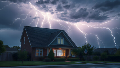 Lighting storm over a suburban house , with white tonespng