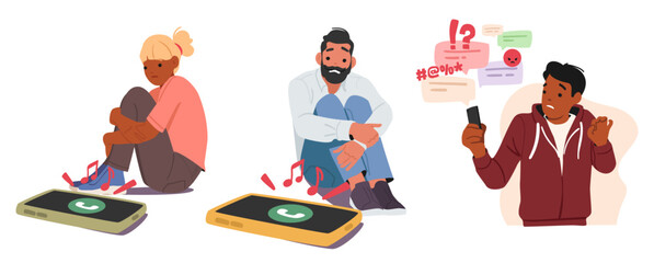 Scared people cartoon characters feeling fear to speak with people by smartphone isolated set