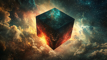 A surreal sacred geometry cube levitating in space, depicting multidimensional awareness and higher consciousness.