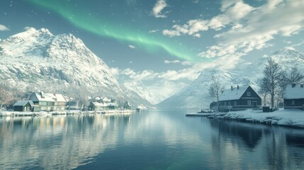 Snowy Norwegian fjord village aurora borealis