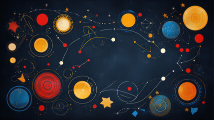 Colorful cosmic illustration featuring planets, stars, and abstract lines