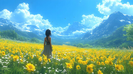 Fototapeta premium Contemplative figure overlooking vibrant floral field and mountain scenery