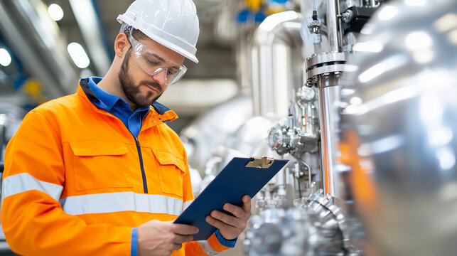 Industrial Engineer in Modern Factory Setting with Clipboard