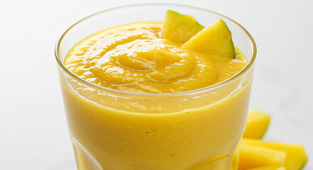 Delicious Creamy Mango Smoothie in Glass Tropical Fruit Drink Healthy Breakfast
