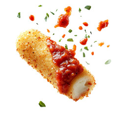 A Cheesy Mozzarella Stick with Marinara Sauce Isolated on Transparent Background