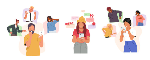 Scared people diverse smartphone users suffering from cyber abuse and afraid of social opinion