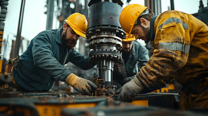 Industrial Workers in Yellow Hardhats Repairing Heavy Machinery at a Construction Site with Metal and Steel Under Overcast Sky
