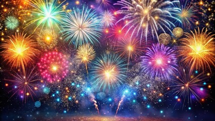 Fototapeta premium A burst of colorful fireworks exploding in the night sky with glittering confetti scattered around