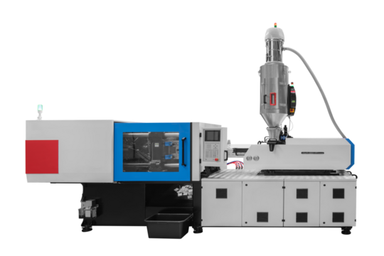 Production machine for manufacture products from pvc plastic extrusion technology, Isolated on white background