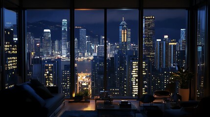 A modern living room with a stunning cityscape view at night.