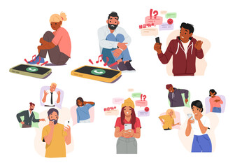 Scared people diverse cartoon character with smartphone feeling fear and stress isolated set