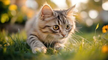 Playful kitten in garden sunset
