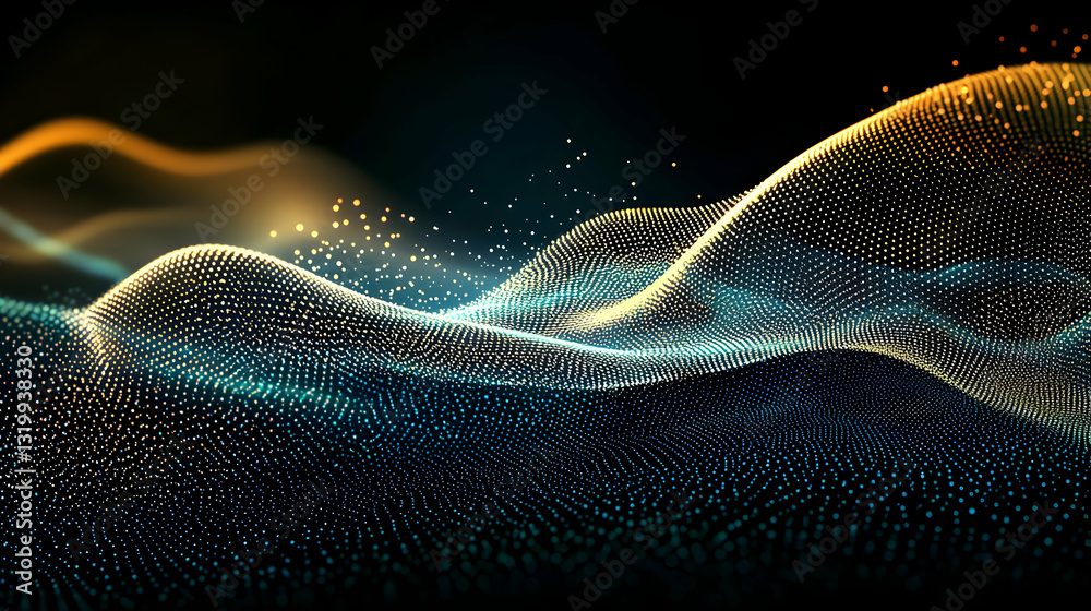 Poster abstract background with dynamic golden and blue particles flowing in a wave like motion across a da