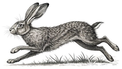 a detailed illustration of a running rabbit. The rabbit is depicted in shades of grey, showcasing its fur and long ears 