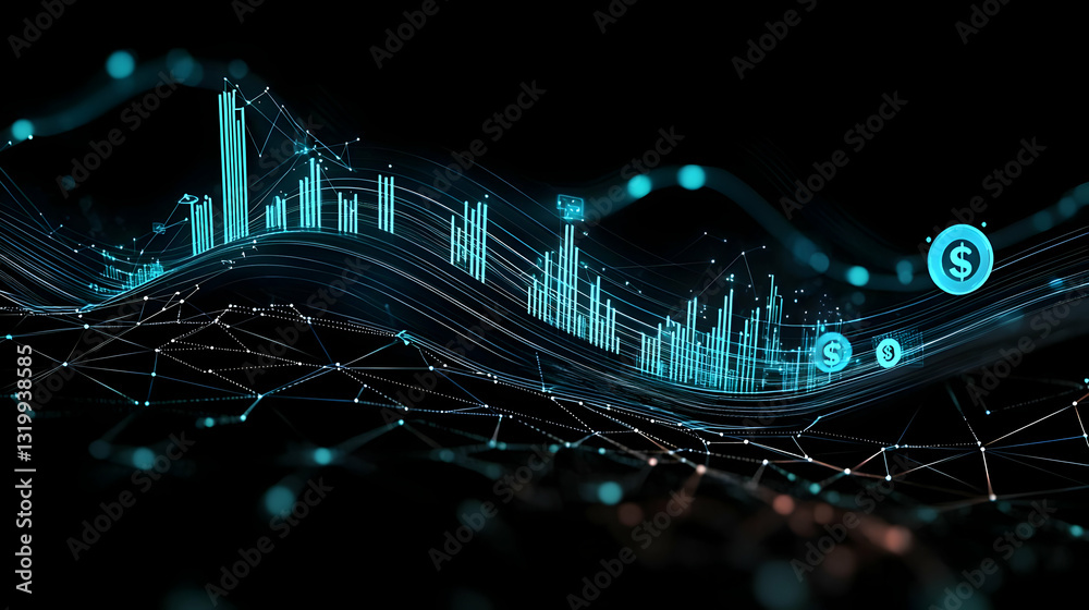 Poster abstract digital network visualization with blue lines and dots on dark background representing data