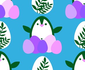 Easter animals seamless penguin and eggs pattern for wrapping paper and fabrics and linens and spring kitchen textiles