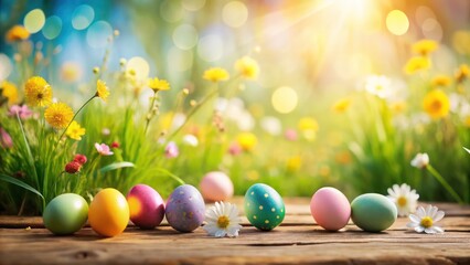 colorful painted easter eggs resting on a wooden surface, with lush green grass and wildflowers in the background. The scene is bathed in soft sunlight