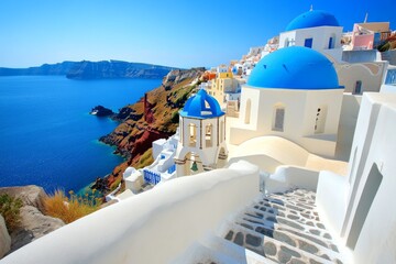 Obraz premium Santorini's Beauty: Captivating views of classic Greek architecture and picturesque blue domes, creating a postcard-perfect scene of coastal splendor.