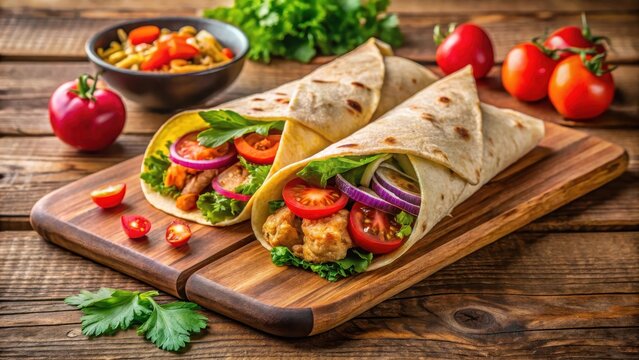 Delightful chicken kati roll on a wooden board with vibrant colors and fresh ingredients arranged artfully, showcasing the dish's appetizing presentation , delicious, foodie