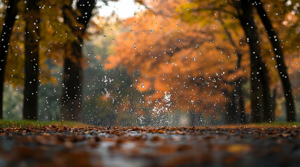 Ground Level View Of Rain Falling On Wet Autumn Leaves With Blurred Orange And Brown Trees In Background