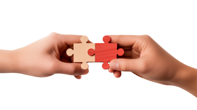 Two Hands Connecting Red and Beige Puzzle Pieces Teamwork Concept join link unity wooden success