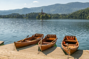 Traditional wooden Pletna boat moored on the shore of Lake Bled, Slovenia