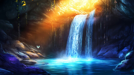 Naklejka premium Luminous water cascade behind a cave entrance, sunlight, illuminated cavern, radiant light. Luminous Cascade. Illustration