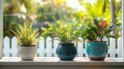 Fototapeta premium Three potted plants on a windowsill, vibrant colors and greenery