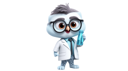 Adorable Owl Scientist Cartoon Character Holding Water Bottle 3d lab kid fun cute coat blue white