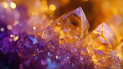 Close-up of a sparkling cluster of natural amethyst crystals with golden and purple hues creating a mesmerizing geode structure