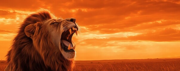 A majestic male lion roaring amidst a vibrant orange sky