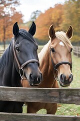 Two horses, one black and one tan, stand side by side at a wooden fence in a picturesque autumn landscape
