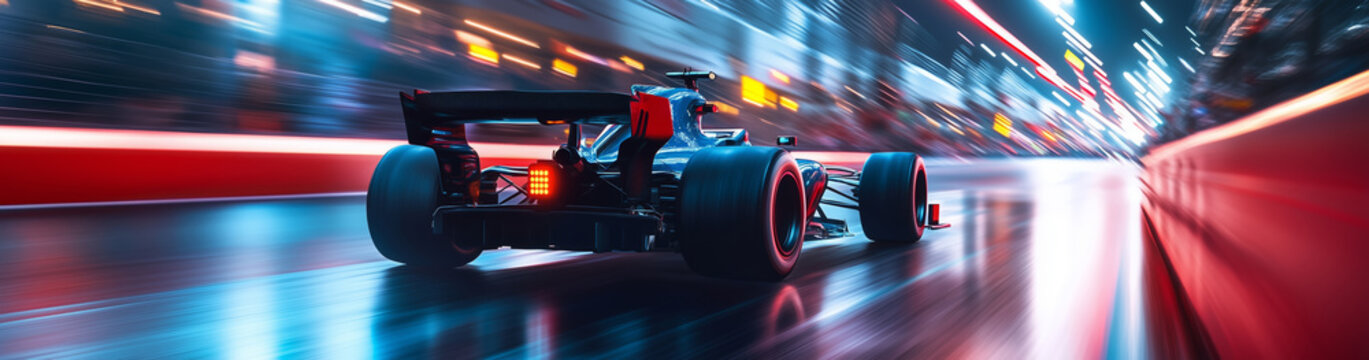 Generated imageFormula 1 motorsport race car driver at high speed performance motion blur speed racing track in vibrant red colors. Generative AI