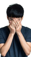 young man covering his face with his hands