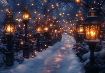 Obraz premium Winter Pathway with Glowing Lanterns and Falling Snow