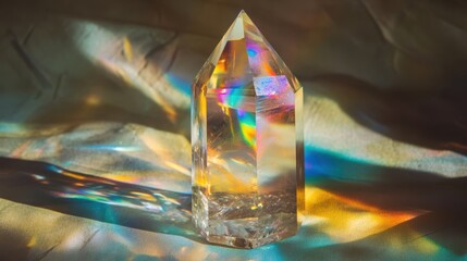 Iridescent light passing through a clear crystal, creating colorful patterns on a textured surface, evoking magic and spirituality