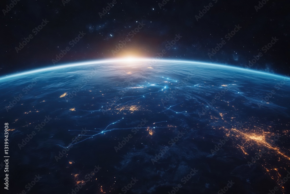 Aufkleber night view of planet earth showcasing global communication lines and connections from space with a b