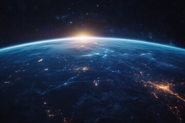 Night view of planet Earth showcasing global communication lines and connections from space with a bright sunrise on the horizon