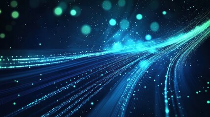 Fototapeta premium Abstract digital background featuring flowing blue light trails and luminous particles creating a dynamic atmosphere
