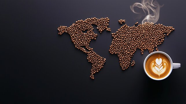 Top-down view of a coffee bean world map with a steaming cup of coffee placed nearby, global coffee connection concept