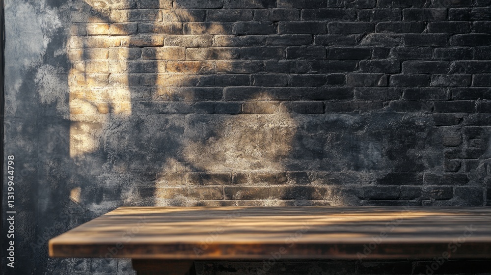 Poster sunlight filters through, creating a dance of light and shadow on a rustic brown wooden table. the t