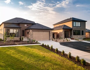 Obraz premium newly constructed suburban homes with modern architecture freshly landscaped