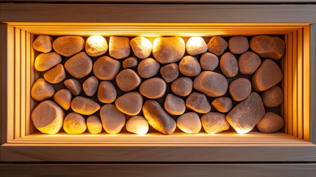 Top-down view of a sauna's steaming stones glowing from heat, wooden panels framing the composition, serene and calming, luxury spa vibe