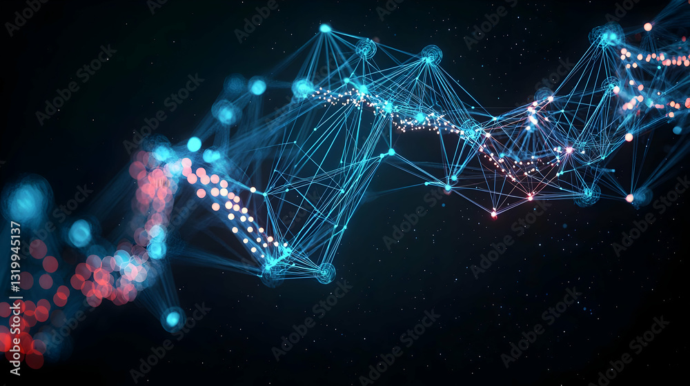 Poster abstract visualization of data flow with interconnected nodes and particles in shades of blue and re