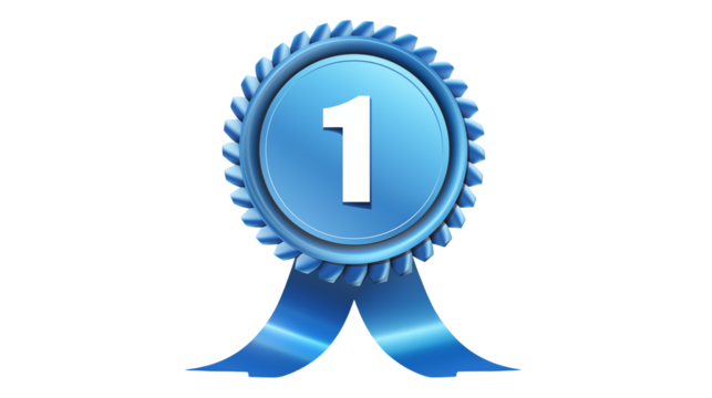Blue First Place Award Medallion Shiny Ribbon Winner Success one icon prize badge number design