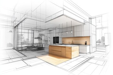 Designer interior layout showcasing a modern kitchen with open living space