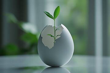A minimalistic image of a broken white eggshell with a small green plant sprouting from it, set against a blurred background