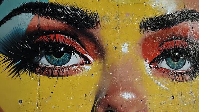 Close-up of vibrant graffiti art depicting a woman's eyes with red eyeshadow and long lashes on a yellow background.