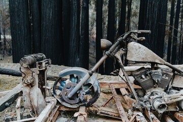A motorcycle sits destroyed on a trailer after a wildfire swept through a forest in Boulder Creek, California, United States.  CZU Lightning Complex wildfires in 2020